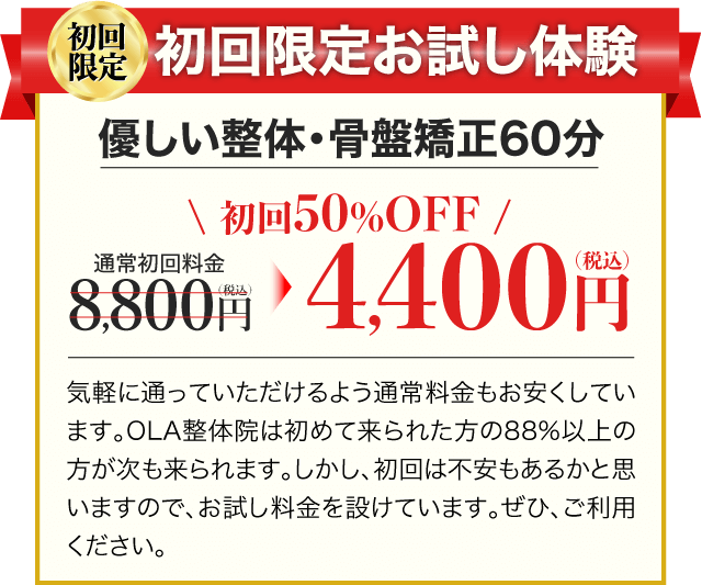 初回限定お試し体験 優しい整体・骨盤矯正60分 通常初回料金8,800円(税込)が50%off 4,400円(税込) 気軽に通っていただけるよう通常料金もお安くしています。OLA整体院は初めて来られた方の88%以上の方が次も来られます。しかし、初回は不安もあるかと思いますので、お試し料金を設けています。ぜひ、ご利用ください。