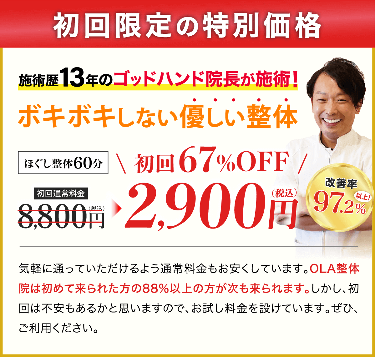 初回限定の特別価格 施術歴13年のゴッドハンド院長が施術！ボキボキしない優しい整体。ほぐし整体60分 初回67%OFF。初回通常料金8800円が今なら2900円。気軽に通っていただけるよう通常料金もお安くしています。OLA整体院は初めて来られた方の88%以上の方が次も来られます。しかし、初回は不安もあるかと思いますので、お試し料金を設けています。ぜひ、ご利用ください。