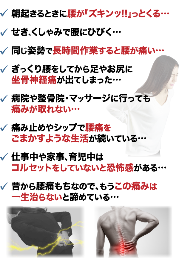 朝起きるときに腰が『ズキンッ！！』っとくる… せき、くしゃみで腰にひびく… 同じ姿勢で長時間作業すると腰が痛い… ぎっくり腰をしてから足やお 尻に坐骨神経痛が出てしまった… 病院や整骨院・マッサージに行っても痛みが取れない… 痛み止めやシップで腰痛をごまかすような生活が続いている… 仕事中や家事、育児中はコルセットをしていないと恐怖感がある… 昔から腰痛もちなので、もうこの痛みは一生治らないと諦めている…