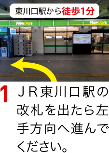 東川口駅の改札をでたら左手方向（西側）へ進んでください。